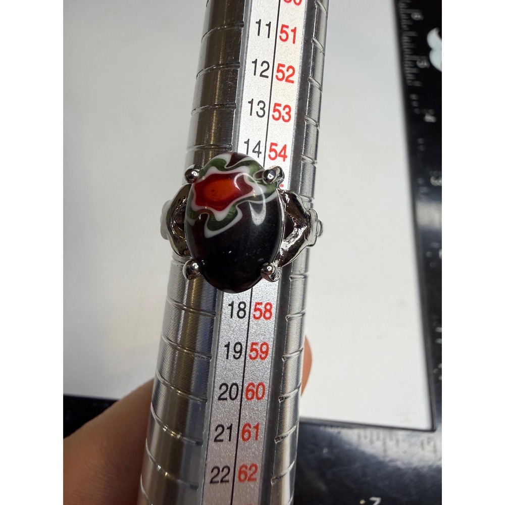 Millefiori Glass Cabochon Ring Silver Tone Floral Motif Size 7.5 Statement Ring